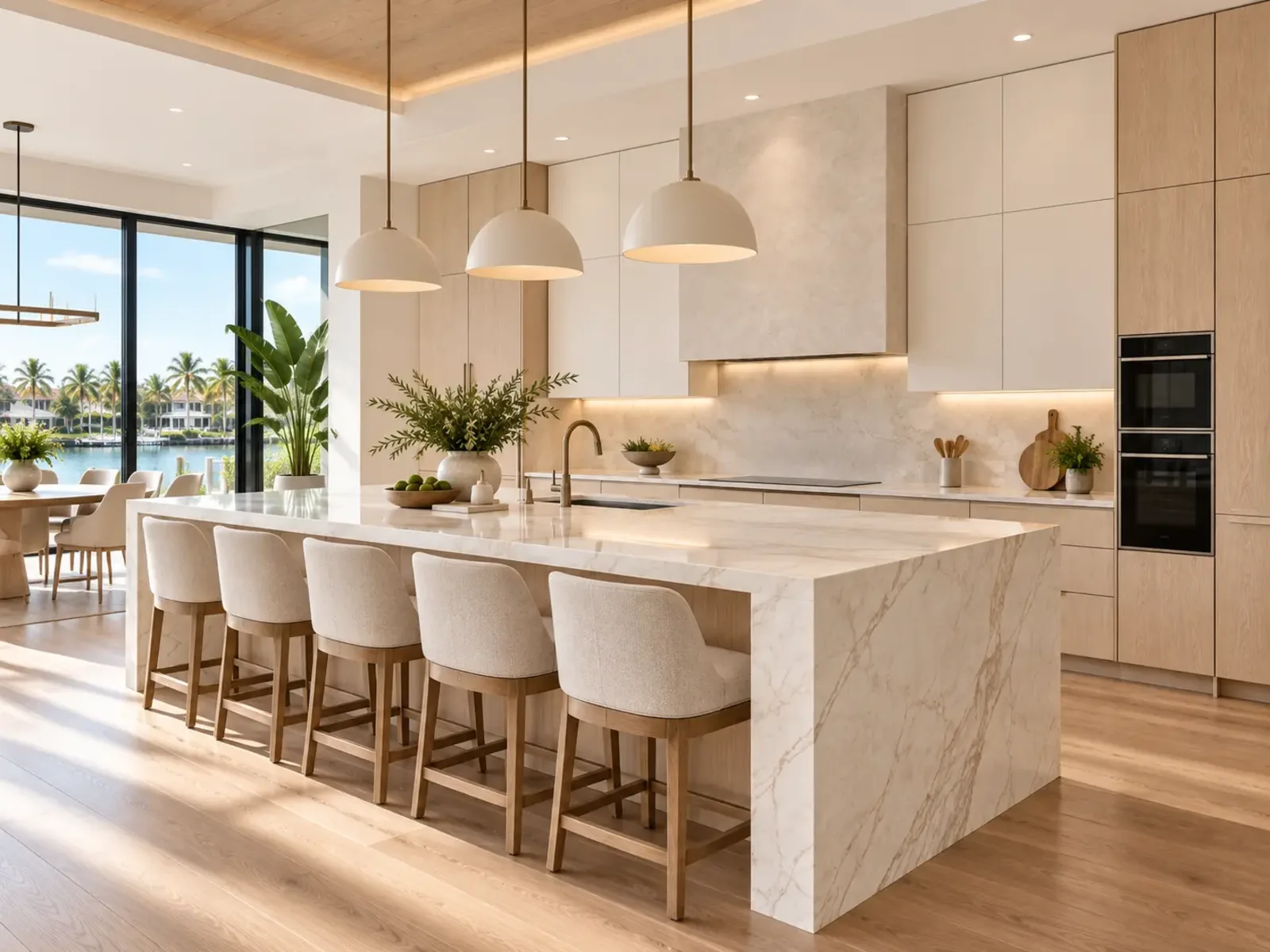 Modern waterfront kitchen with white oak cabinetry and a large marble waterfall island