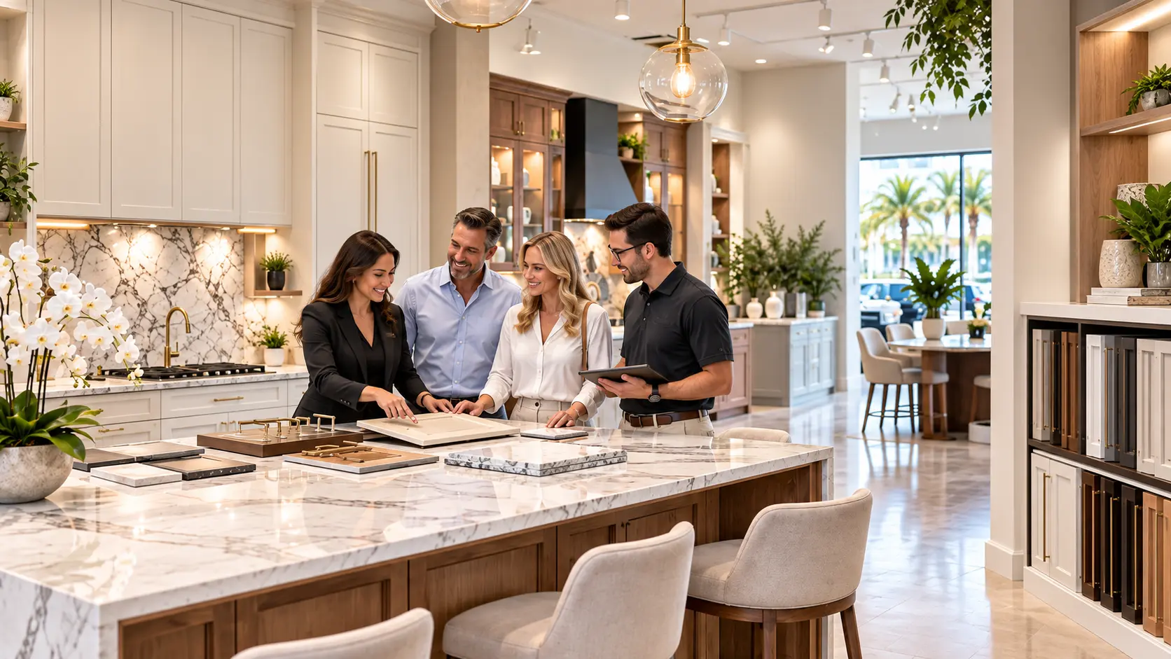 Bright coastal kitchen cabinetry display with marble island and brass hardware