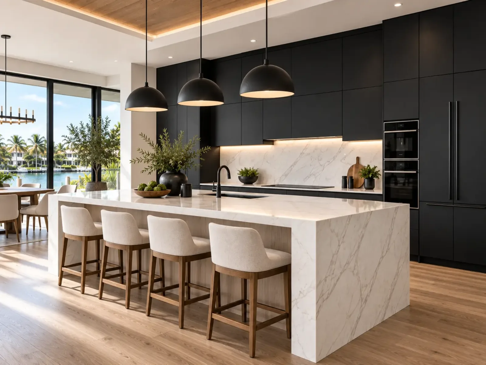 Matte black kitchen cabinets with a white marble backsplash and waterfall island