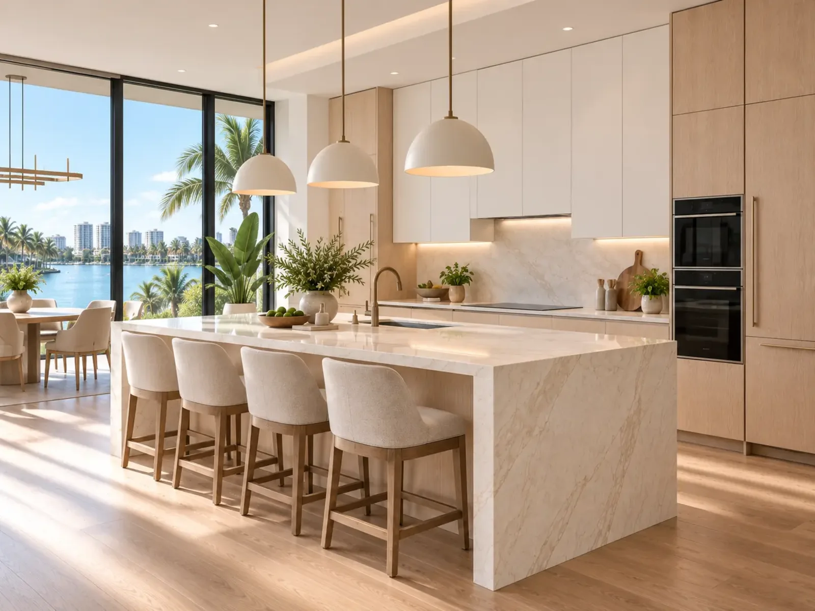 Bright modern kitchen with handleless white cabinetry, oak tall units and a stone waterfall island
