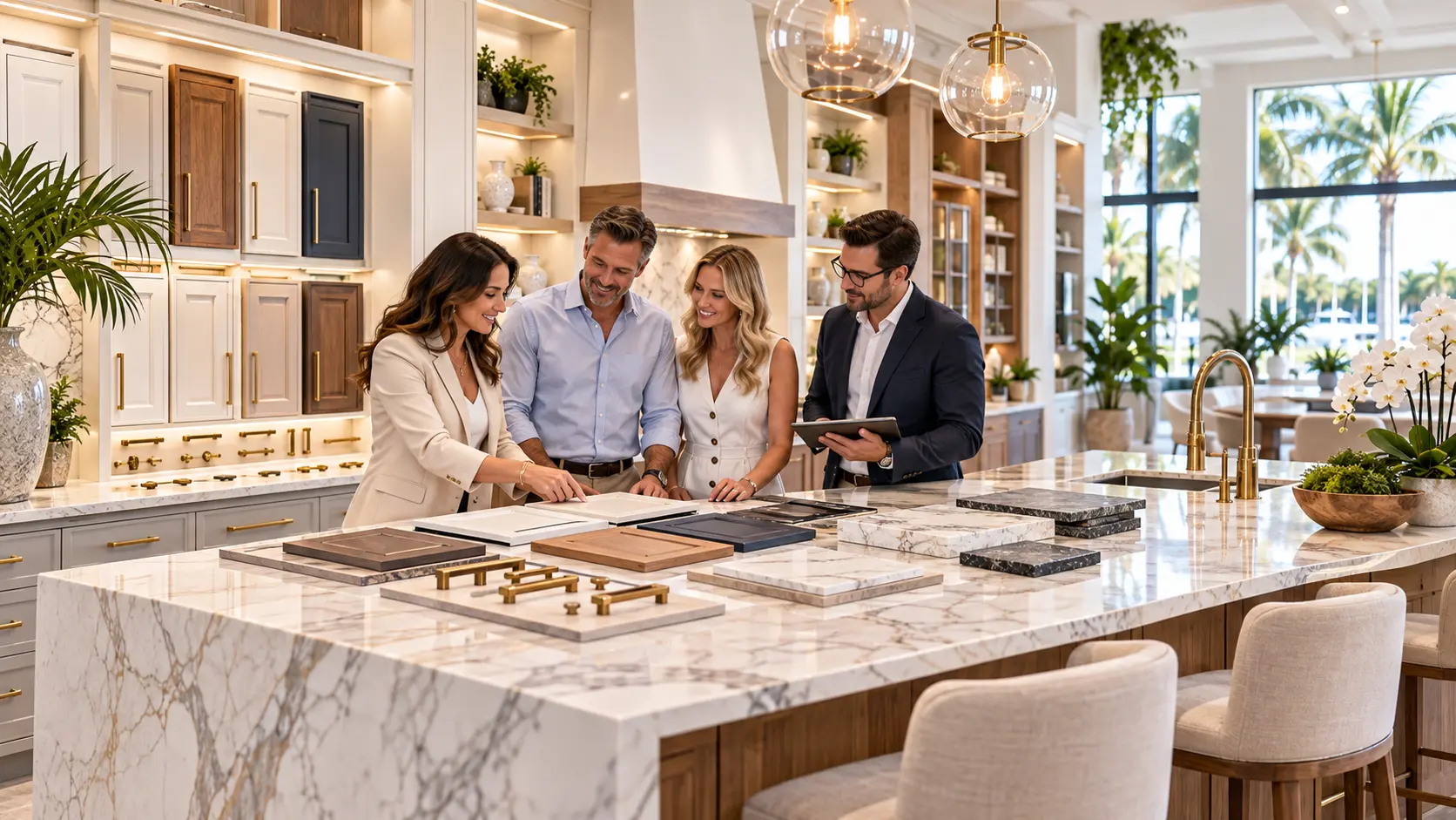 Cabinet door samples, stone slabs and brass hardware laid out on a marble island during a cabinetry design consultation