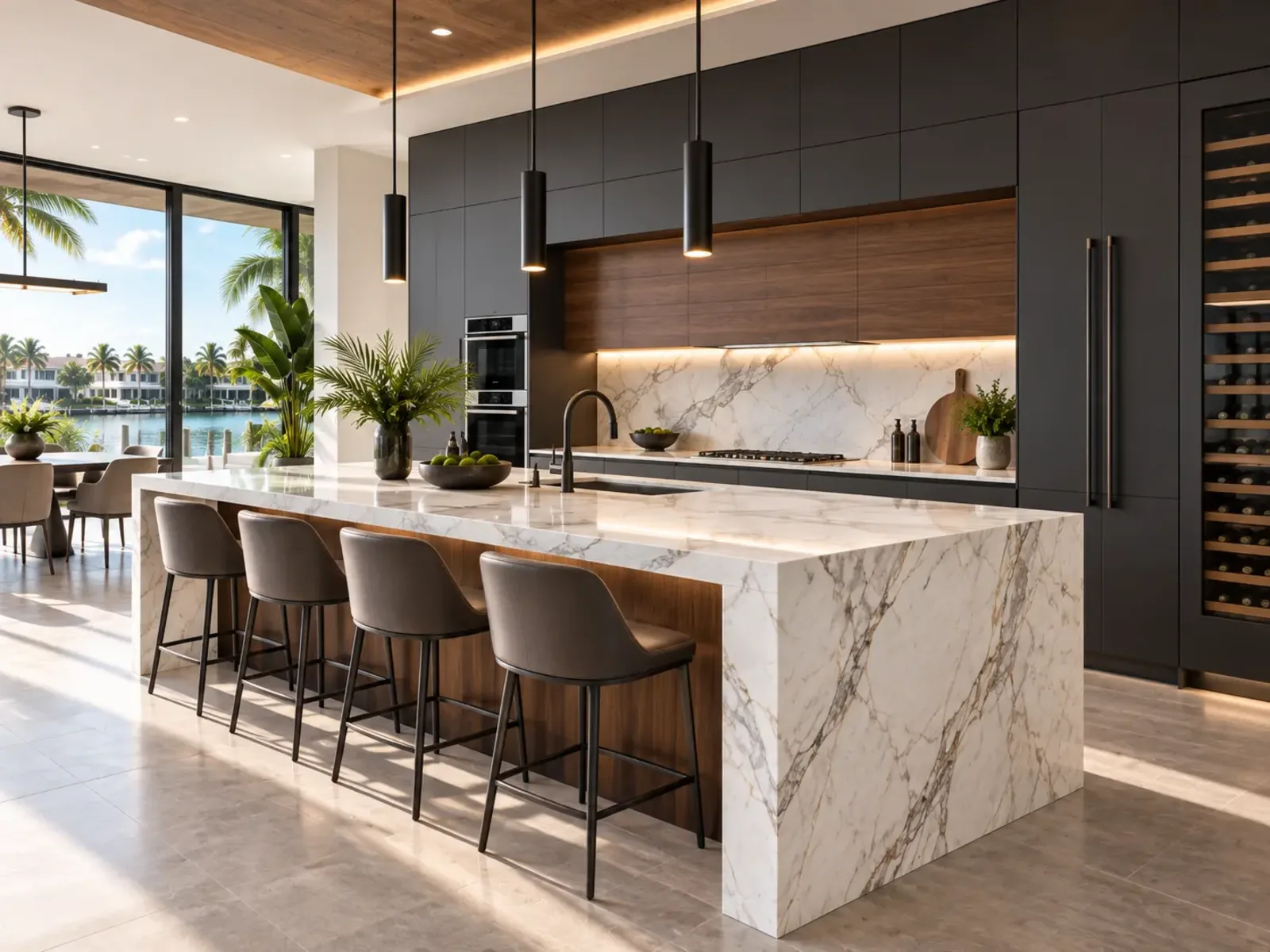 Two-tone modern kitchen with charcoal cabinetry, walnut panelling and a marble waterfall island