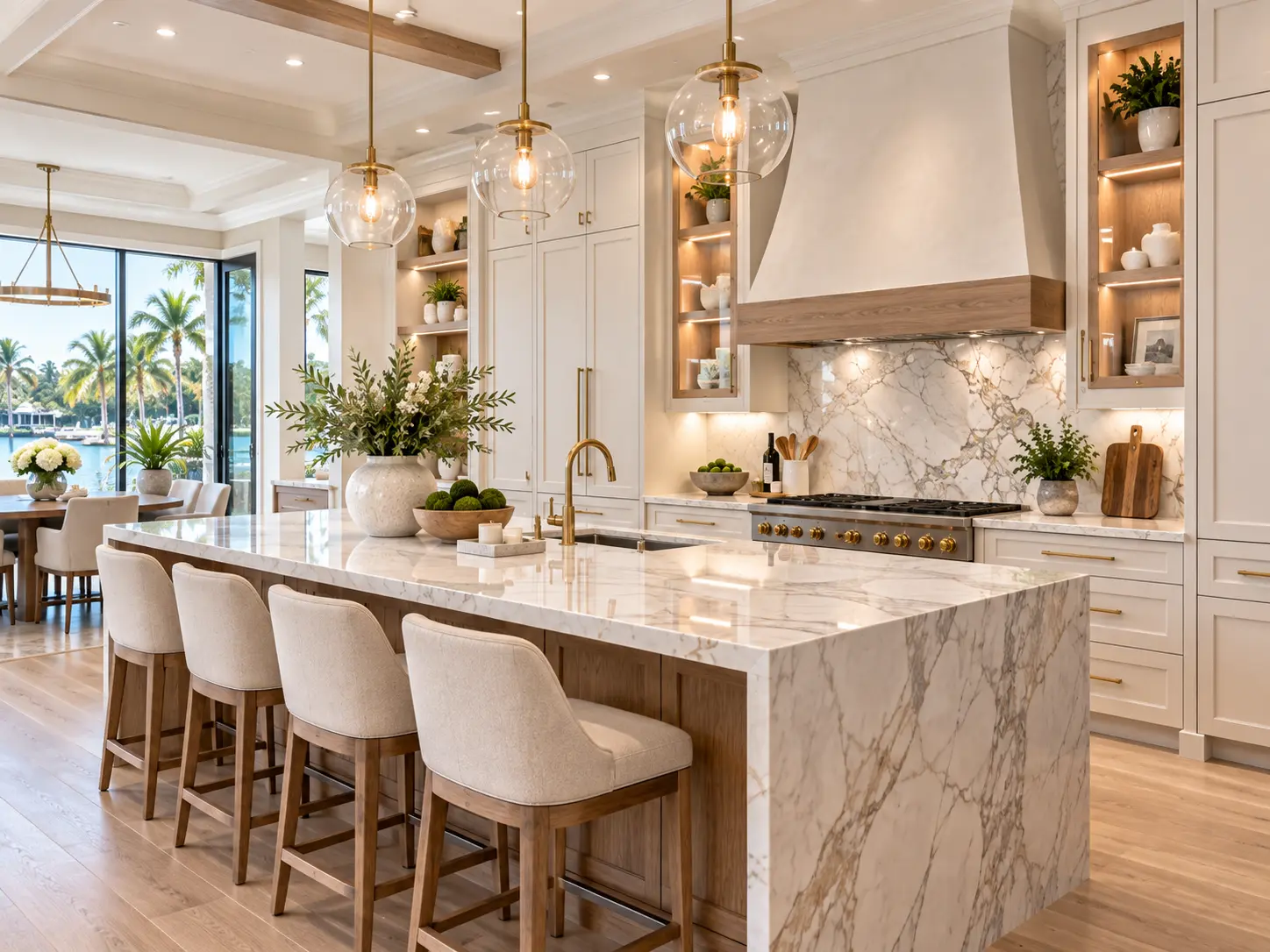 Warm white kitchen cabinetry with a natural wood island and glass globe pendants