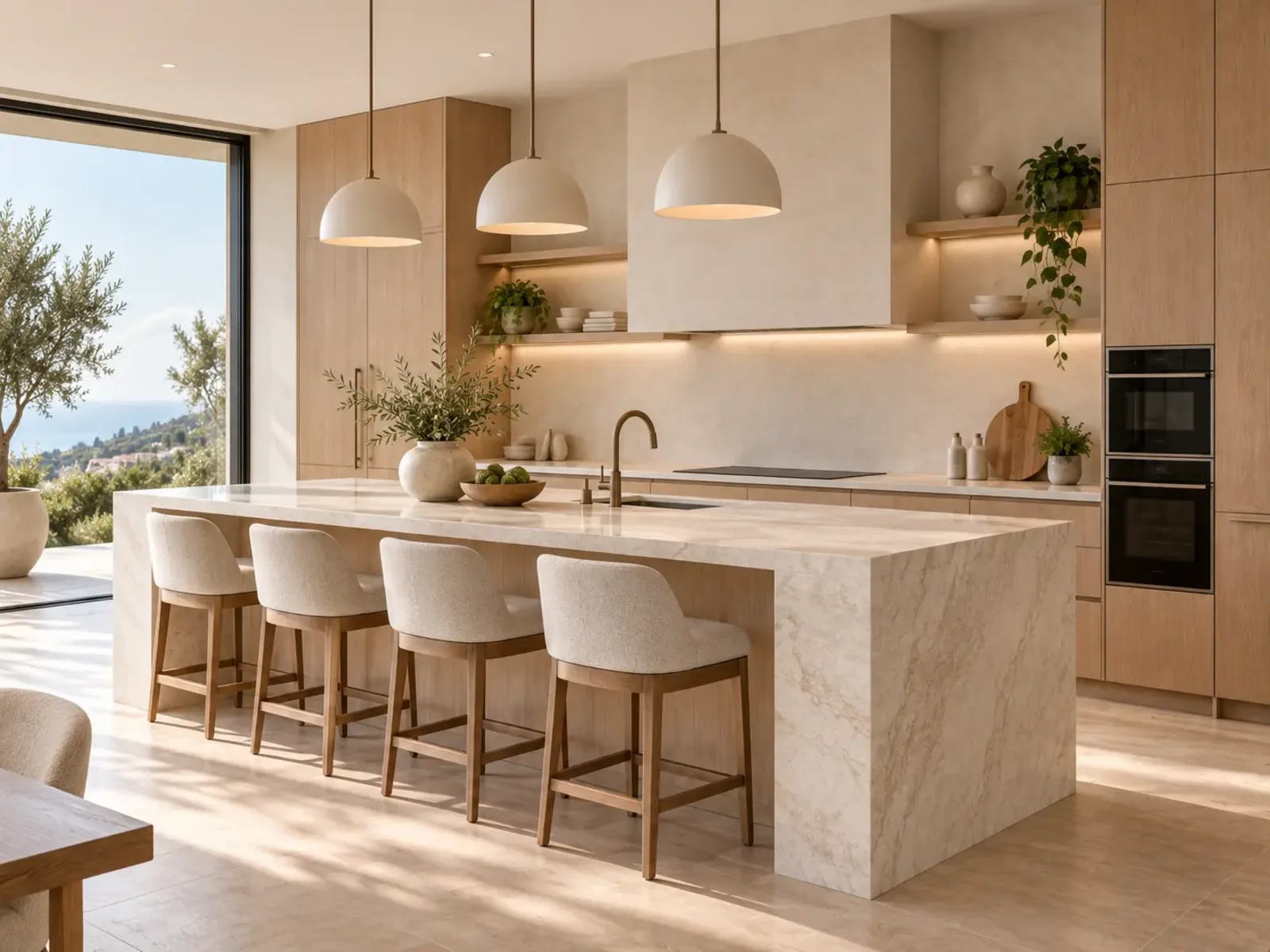 Minimalist natural wood kitchen cabinetry with open shelving and a sculptural stone island