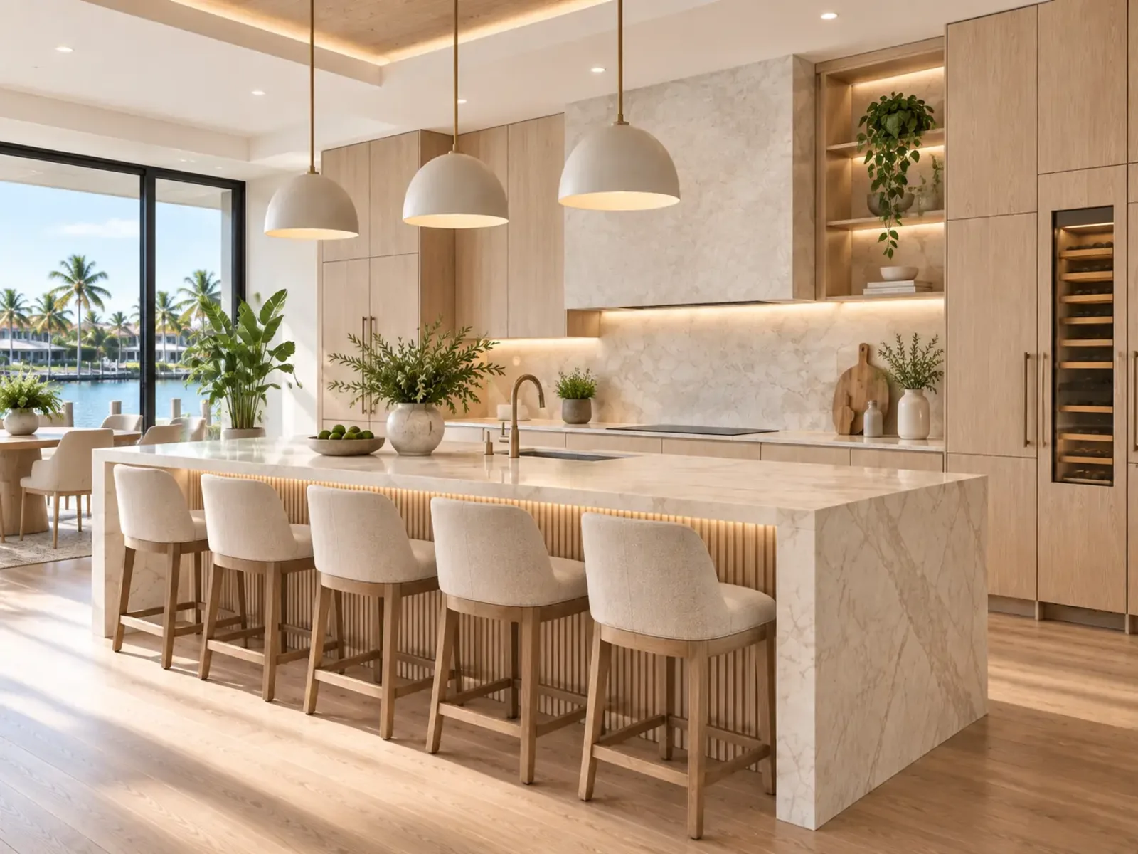 Pale oak modern kitchen cabinetry with fluted island detailing and integrated wine storage
