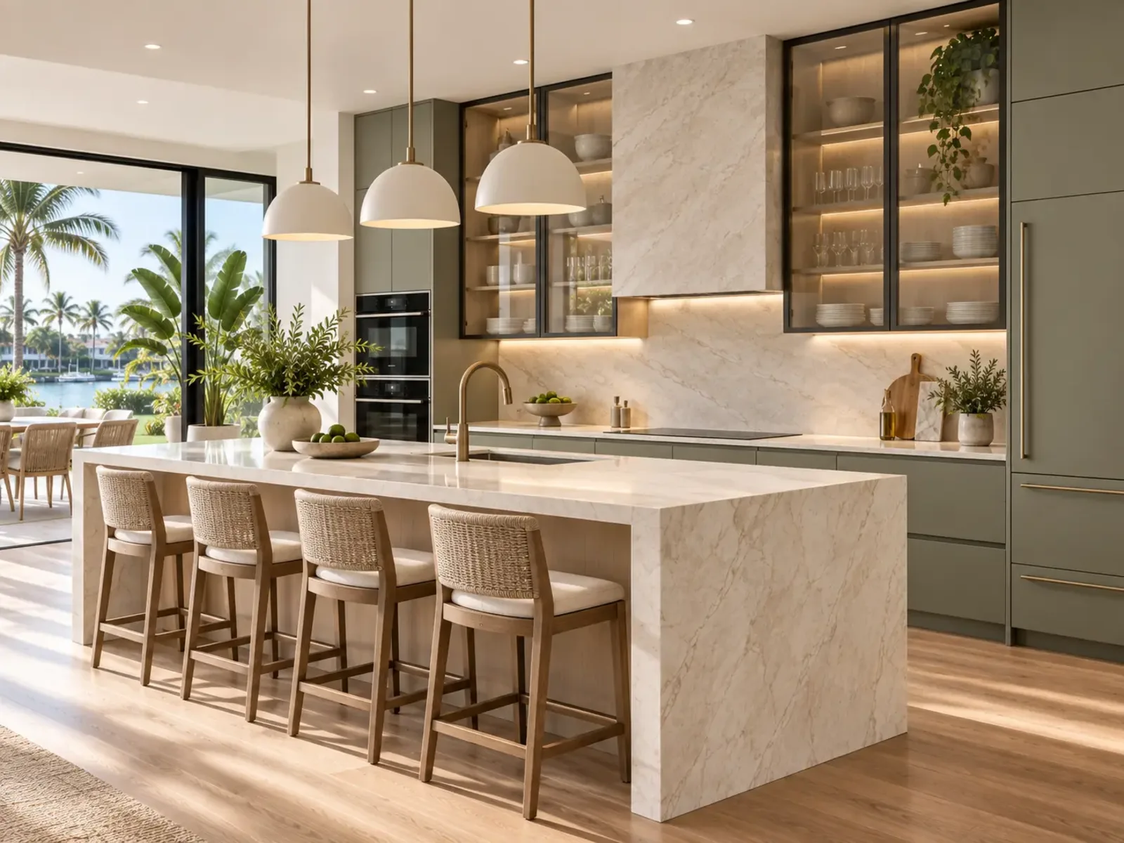 Muted sage contemporary kitchen with glass-front upper cabinetry and brass fittings