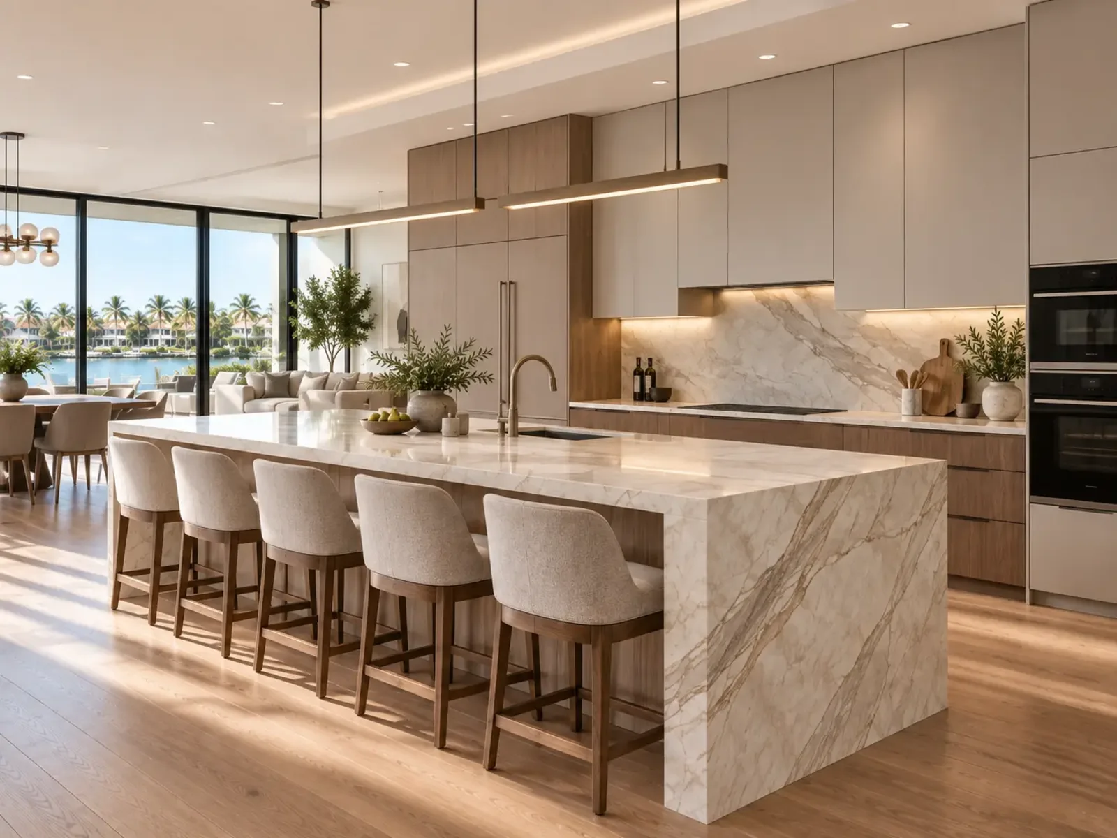 Contemporary kitchen with pale wood base cabinetry, greige uppers and a veined stone island
