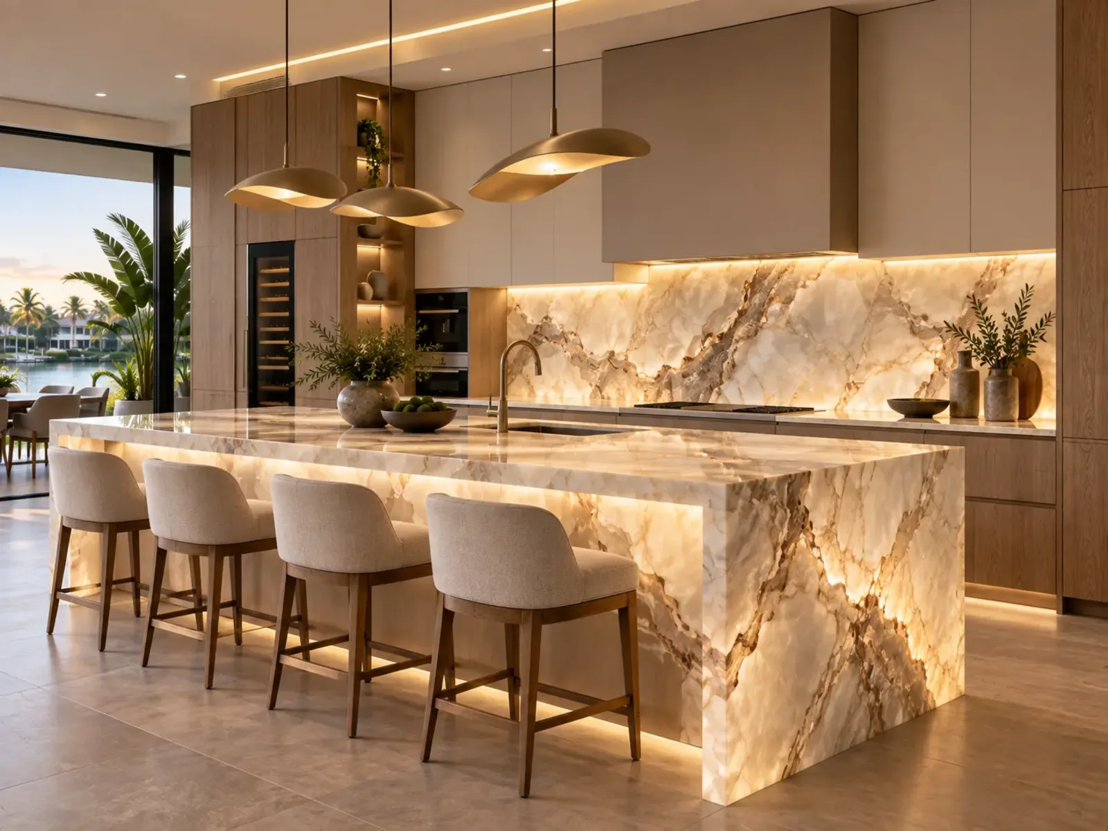 Kitchen with a backlit onyx backsplash, flat-panel wood cabinetry and an illuminated stone island