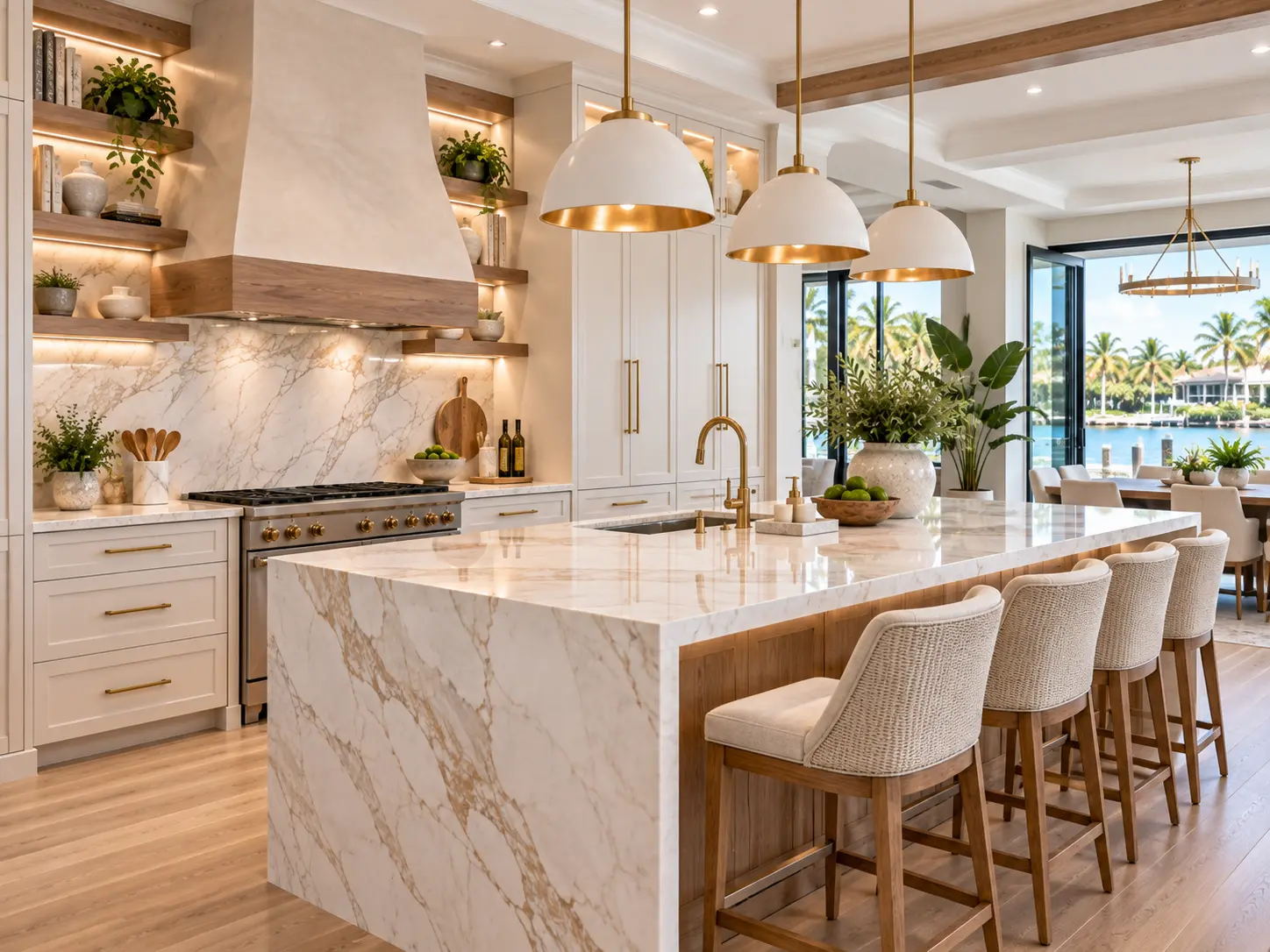 Kitchen with a marble waterfall island, brass faucet and open wood shelving