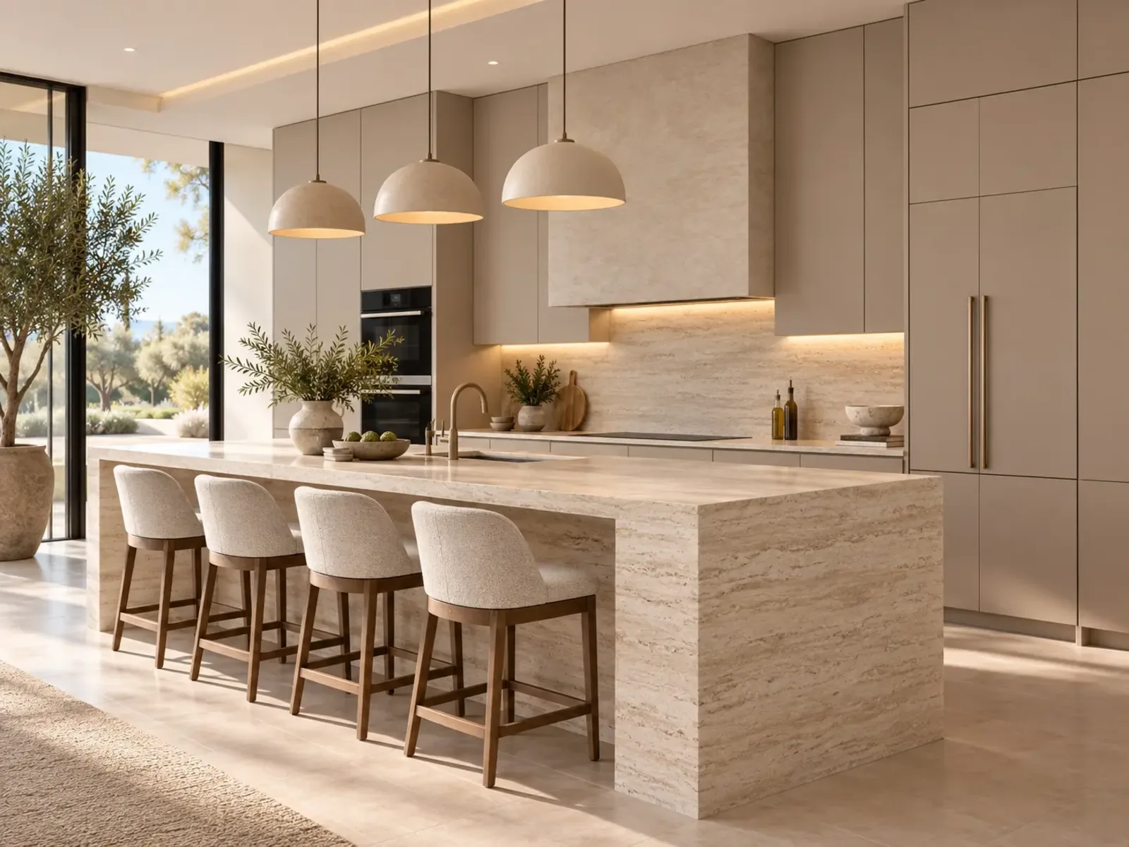 Warm minimalist kitchen with taupe slab cabinets and a travertine island